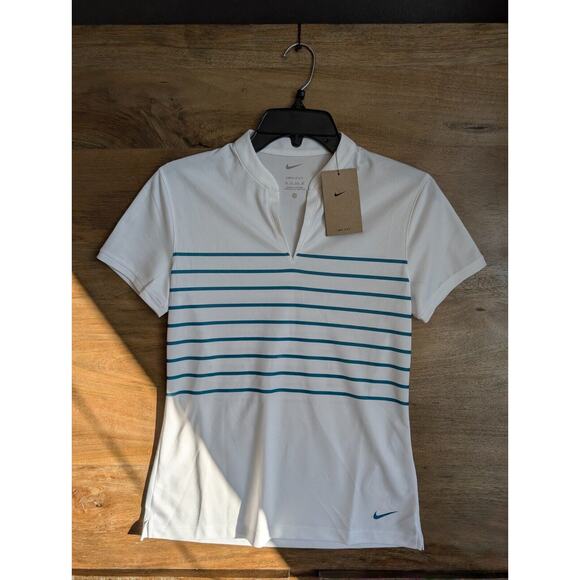 Nike Tops - Nike Golf Polo Shirt Womens XS White Striped Dri Fit Victory Short Sleeve Logo